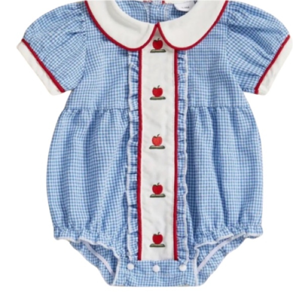 Blue Gingham Bubble Romper School Apple 18-24 Months Vintage Peter Pan Collar